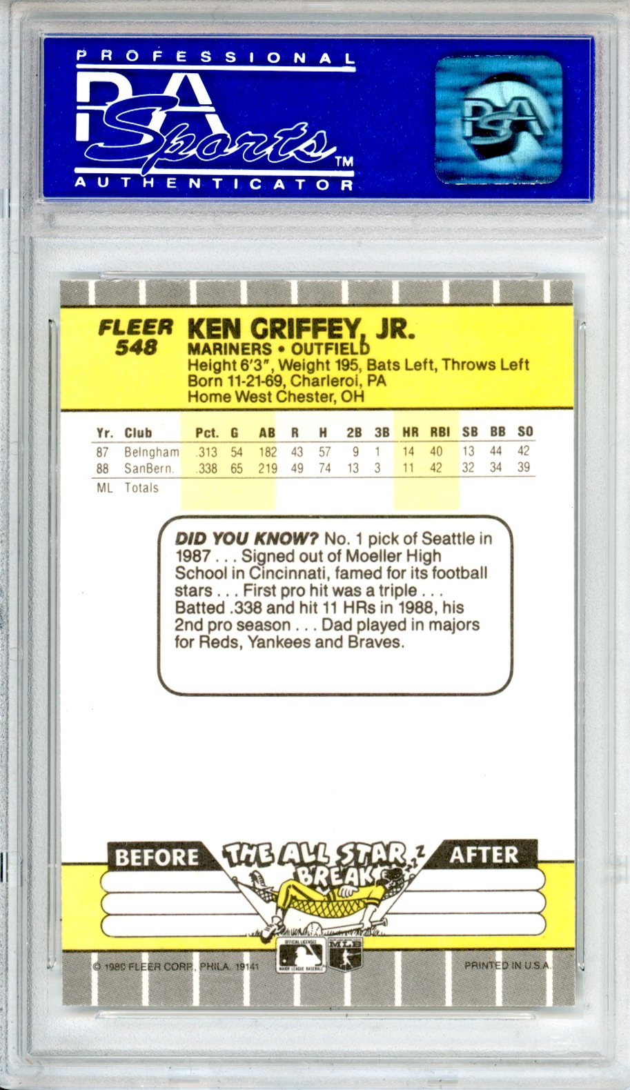 1989 Fleer Ken Griffey Jr Rookie #548 PSA 8 Seattle Mariners - Graded Sports Cards