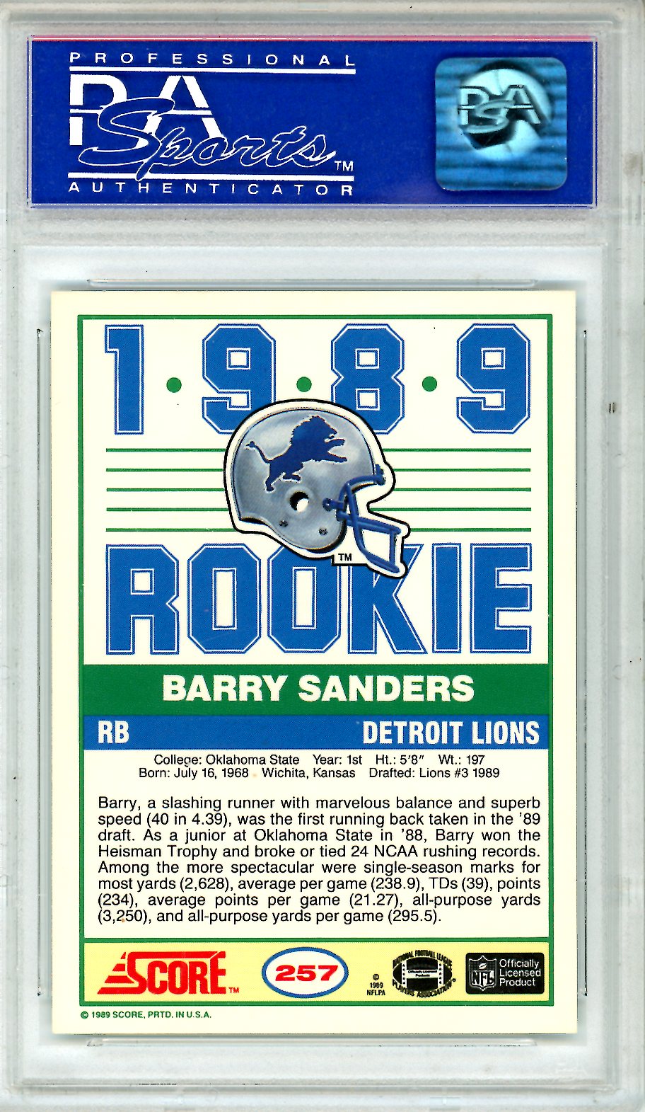 1989 Score Barry Sanders Rookie #257 PSA 8 Detroit Lions - Graded Sports Cards