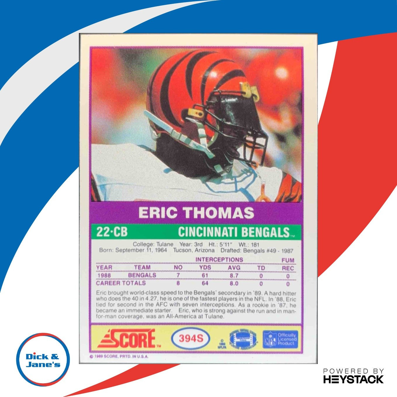 1989 Score Supplemental Eric Thomas #394S RC Cincinnati Bengals Buyback Stamped - Sports Cards