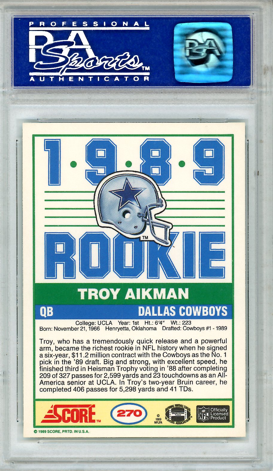1989 Score Troy Aikman Rookie #270 PSA 8 Dallas Cowboys - Graded Sports Cards