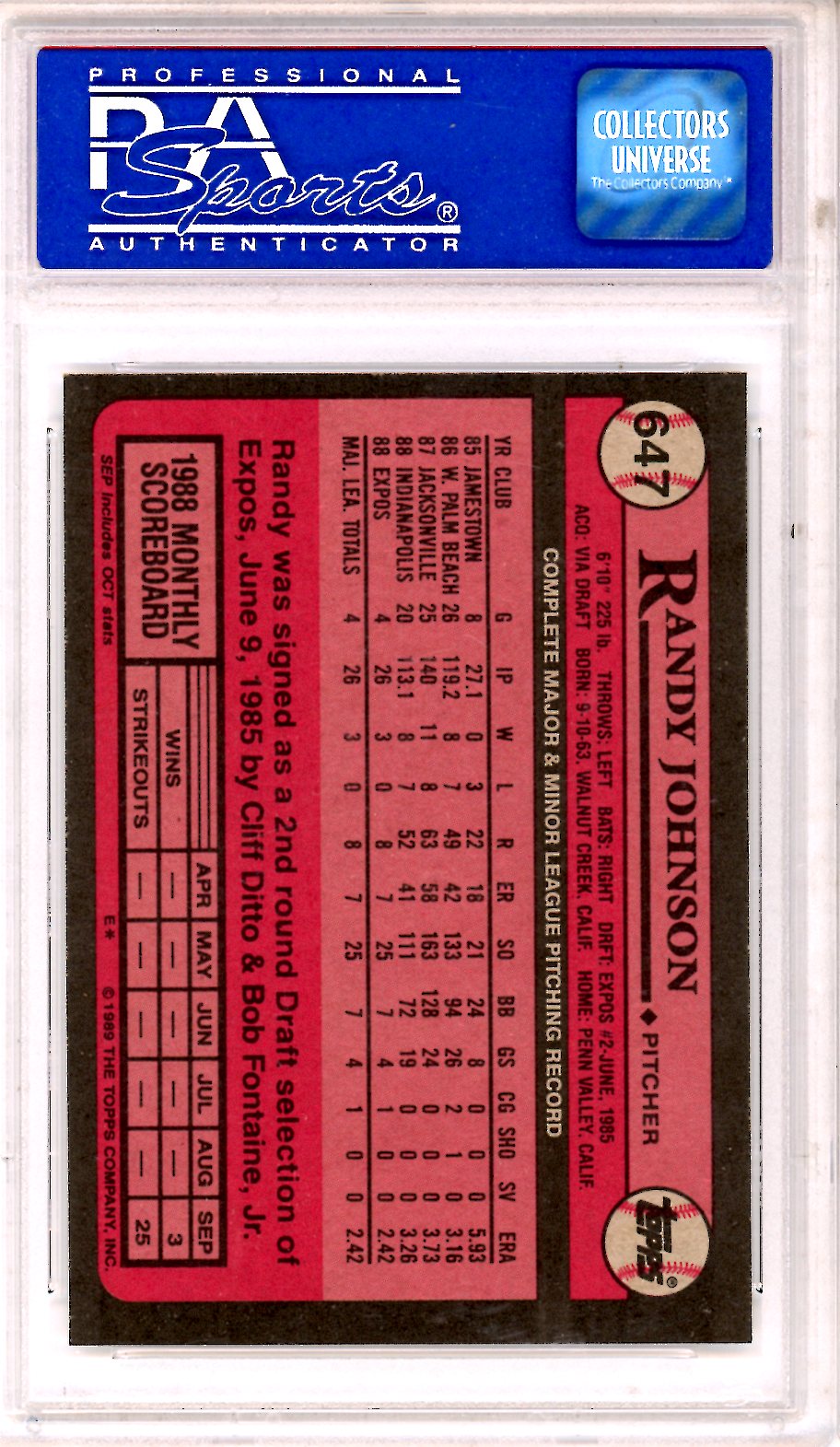 1989 Topps Randy Johnson #647 PSA 9 MINT Montreal Expos - Graded Sports Cards