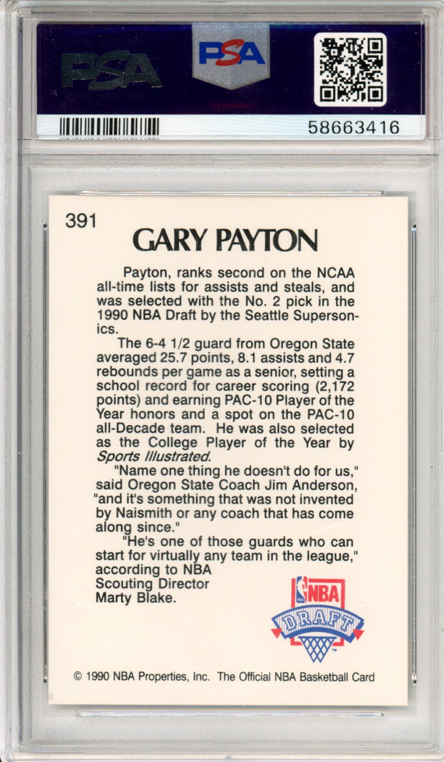 1990 Hoops Gary Payton Rookie #391 PSA 7 Seattle Supersonics - Graded Sports Cards