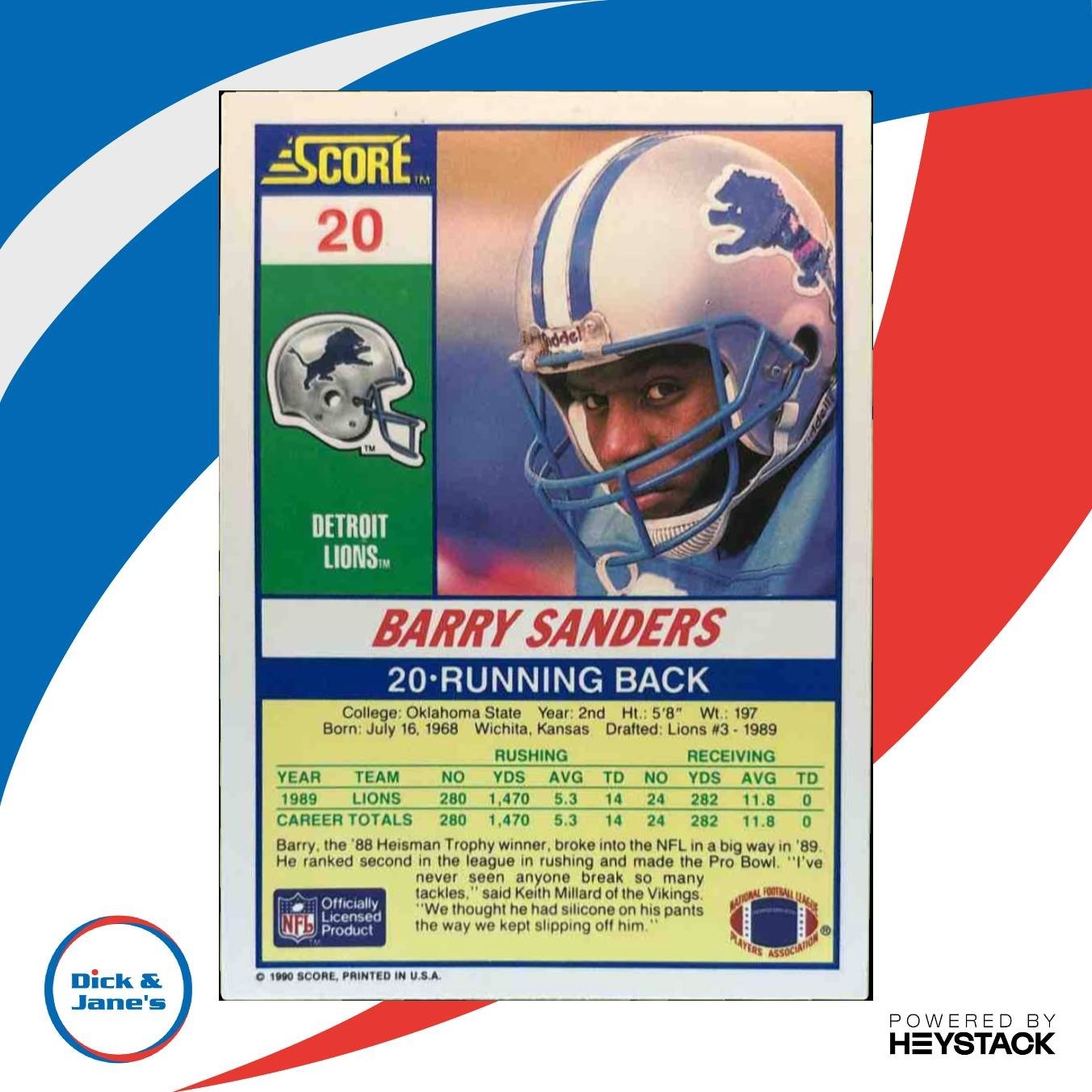 1990 Score Barry Sanders #20 Detroit Lions - Sports Cards
