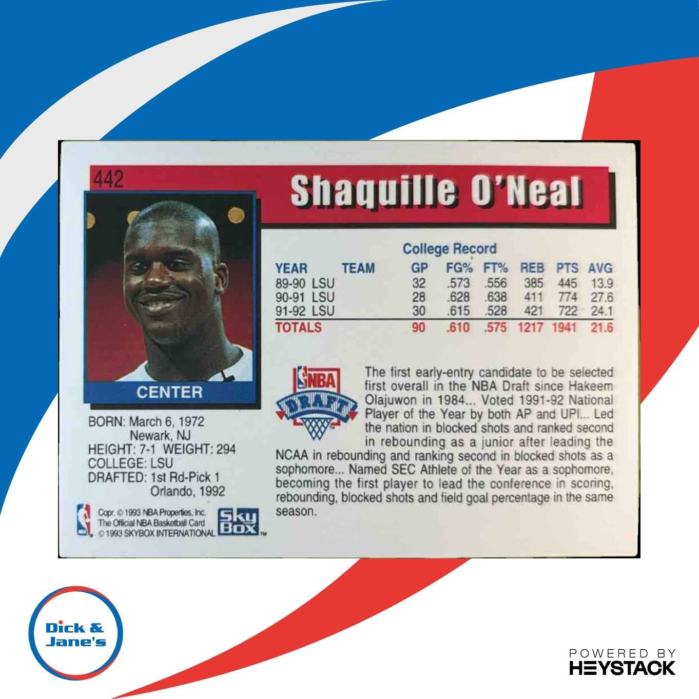 1992-93 Hoops Shaquille O’Neal #442 RC Orlando Magic - Sports Cards