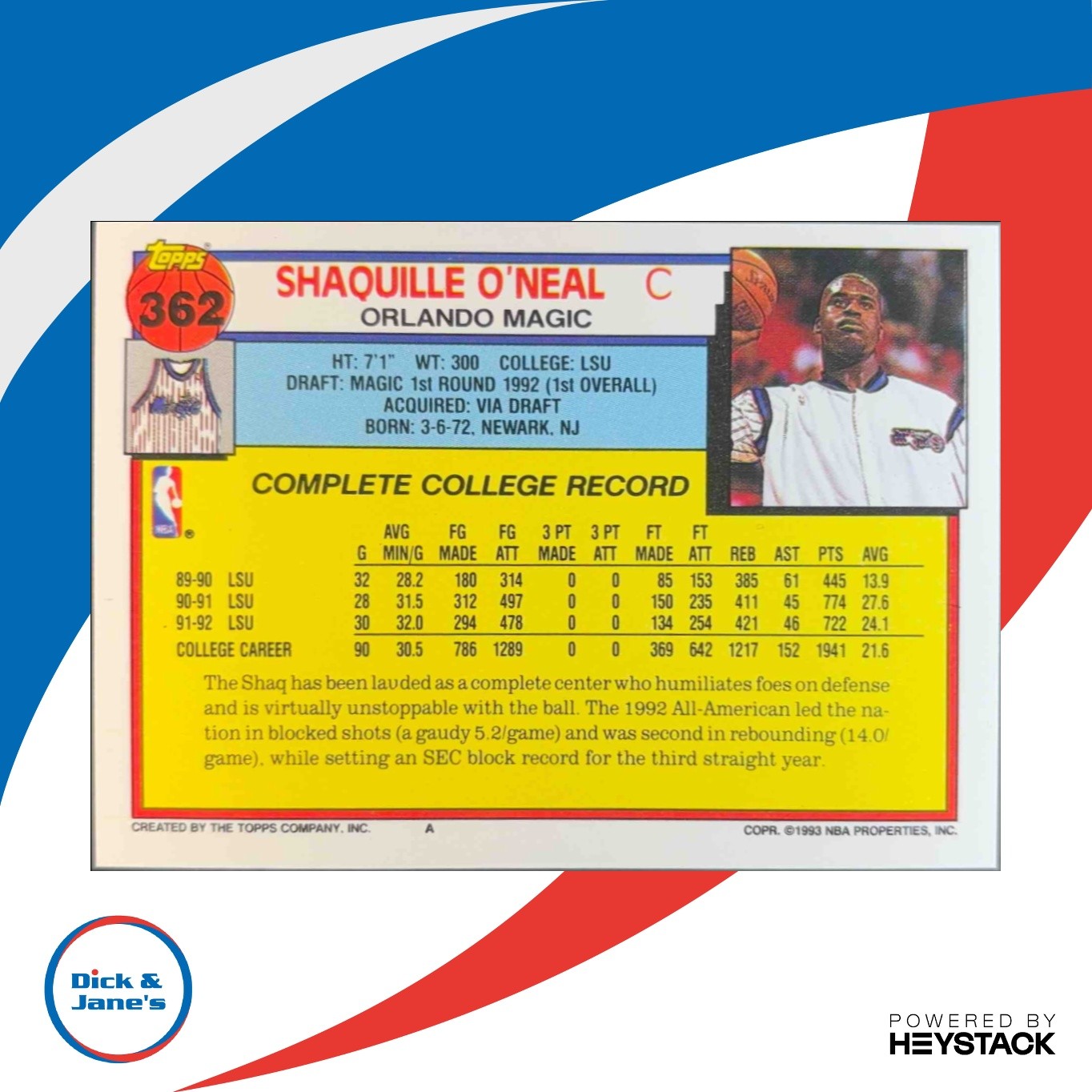 1992-93 Topps Shaquille O’Neal #362 RC Orlando Magic Rookie DJ3 - Sports Cards