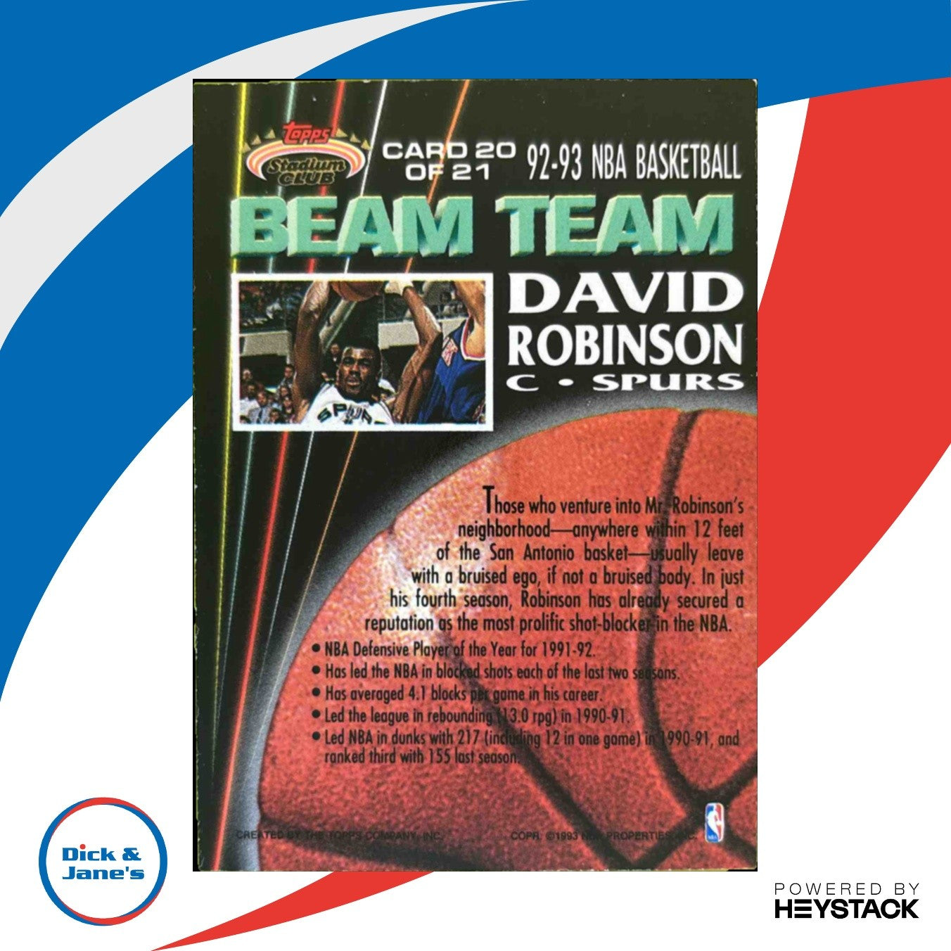 1992-93 Topps Stadium Club David Robinson Beam Team #20 San Antonio Spurs - Sports Cards