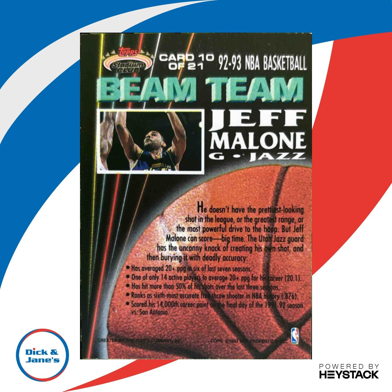 1992-93 Topps Stadium Club Jeff Malone Beam Team #10 Utah Jazz - Sports Cards
