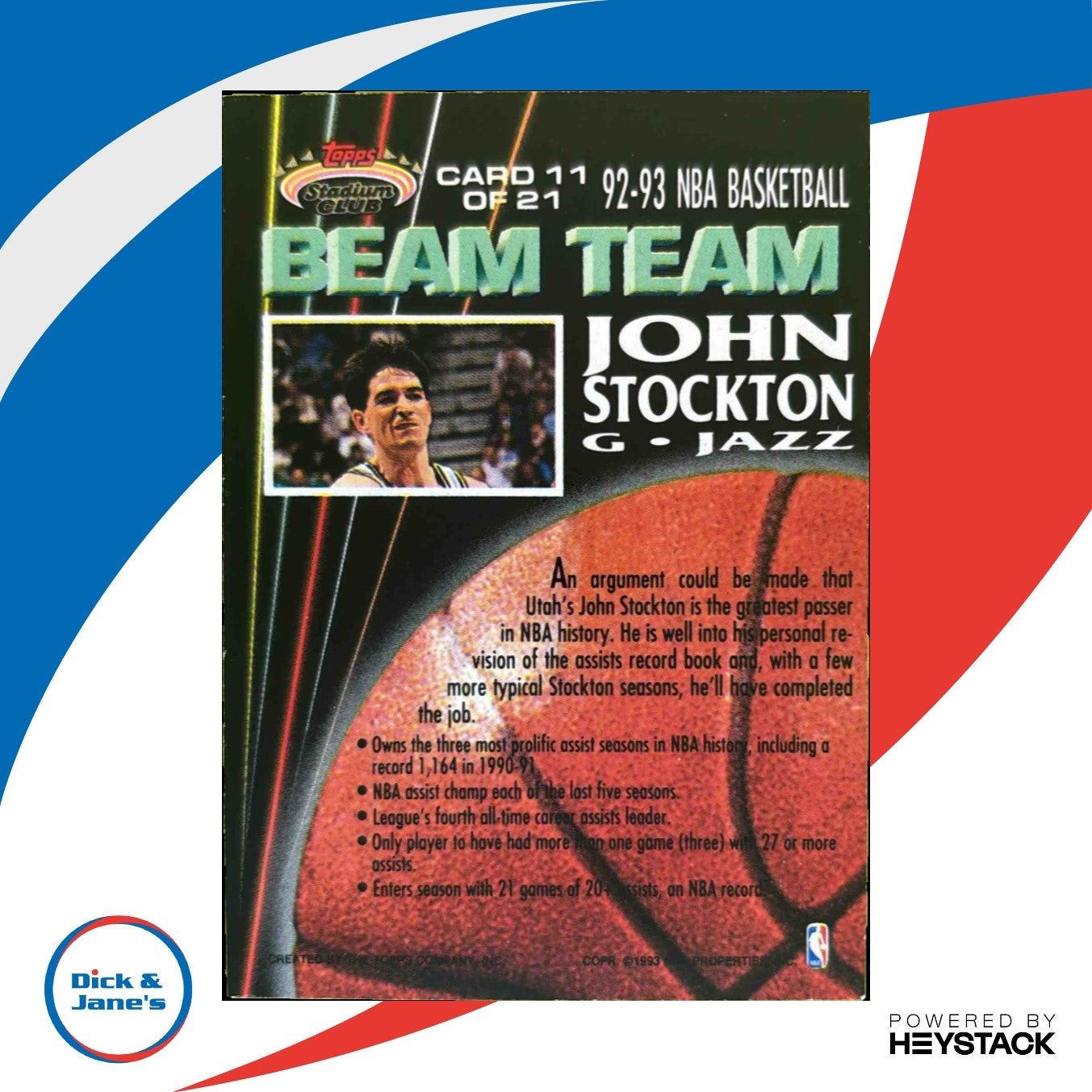 1992-93 Topps 93 Stadium Club John Stockton Beam Team #11 Utah Jazz - Sports Cards