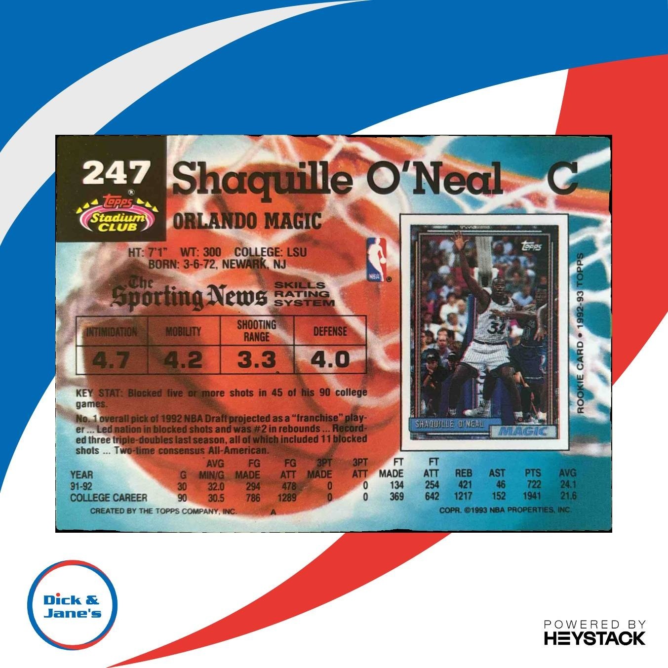 1992-93 Topps 93 Stadium Club Shaquille O’Neal #247 RC Orlando Magic - Sports Cards