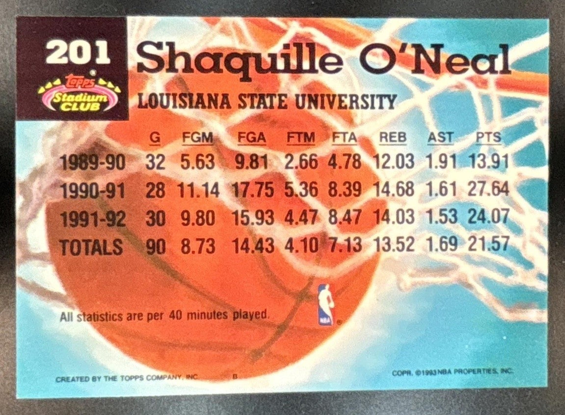 1992-93 Topps Stadium Club Shaquille O’Neal Members Only #201 RC Orlando Magic - Sports Cards