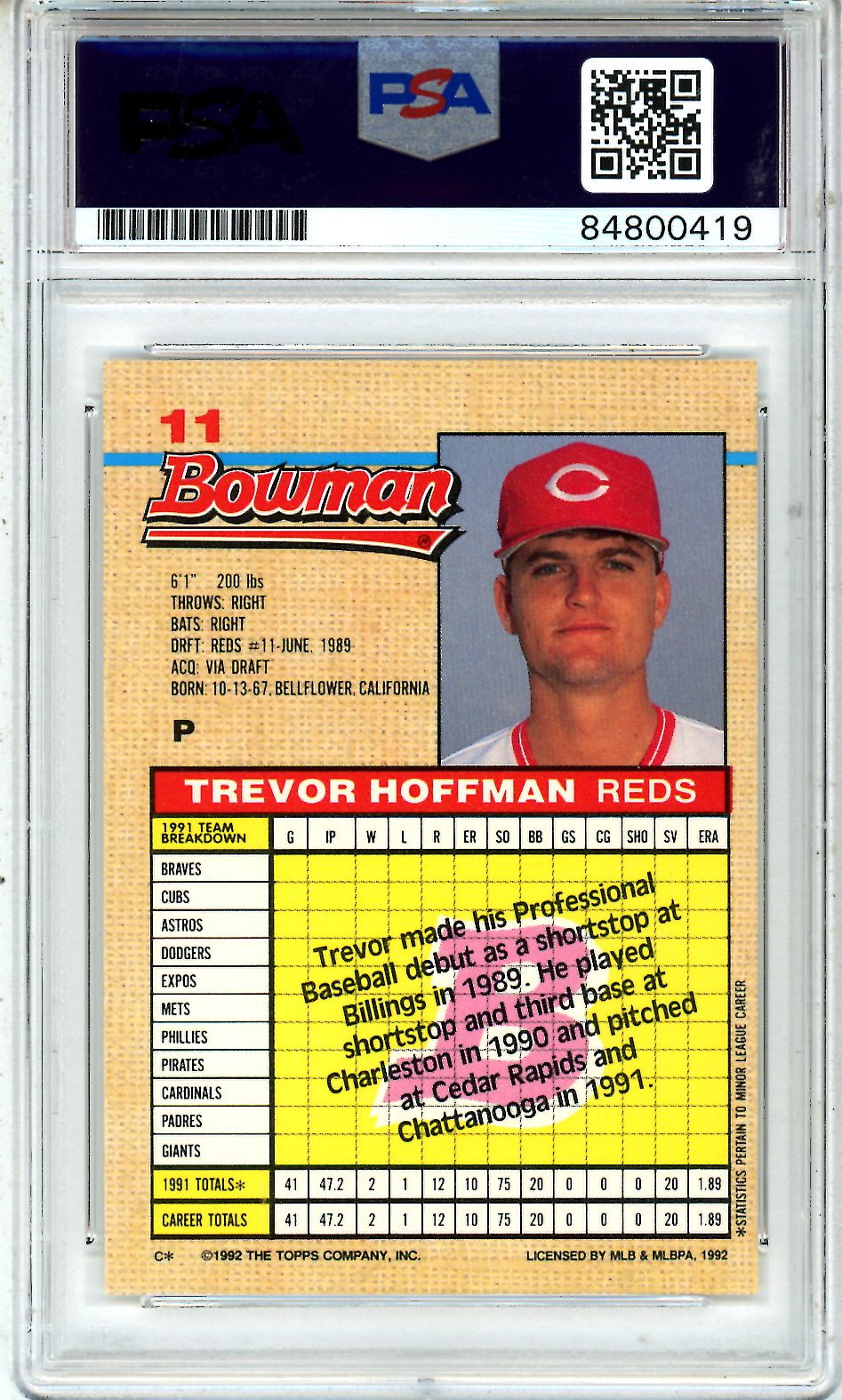 1992 Bowman#11 Trevor Hoffman RC PSA Authentic GEM MINT 10 Auto Cincinnati Reds - Graded Sports Cards