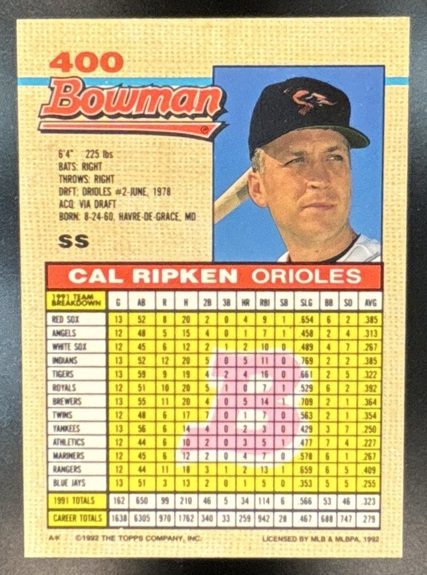 1992 Bowman Cal Ripken #400 Baltimore Orioles - Sports Cards
