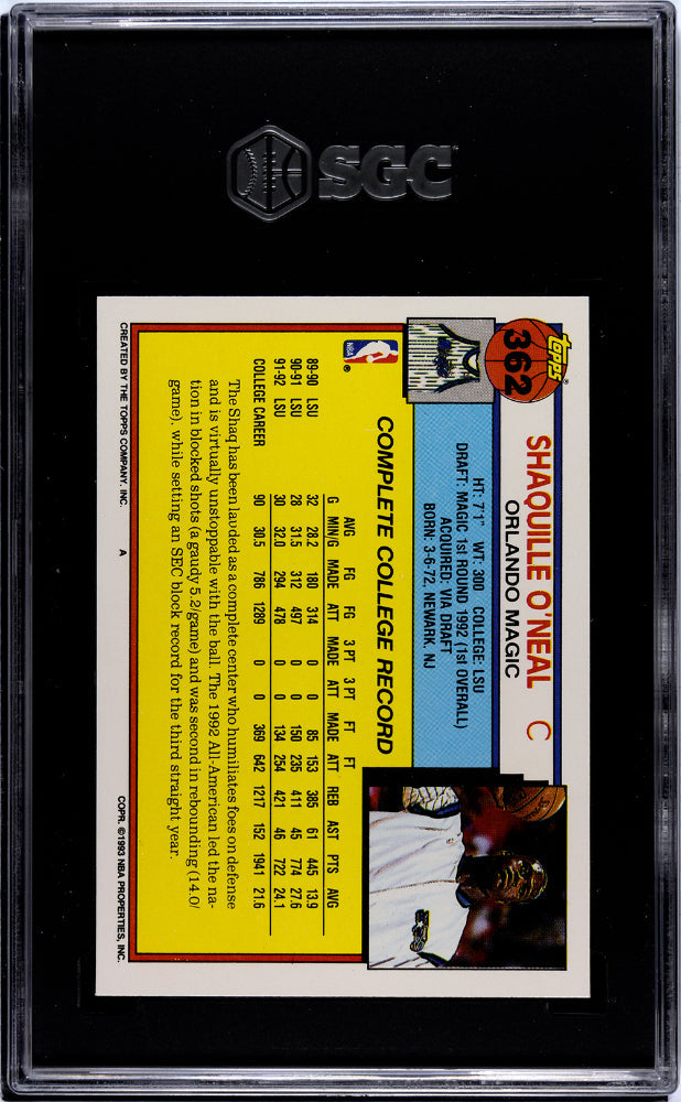 1992 Topps Shaquille O’Neal Rookie #362 SGC 9.5 - Graded Sports Cards