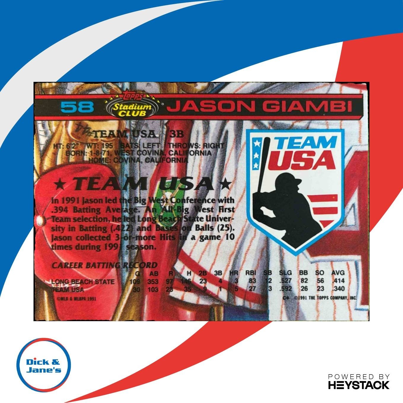 1992 Topps Stadium Club Dome Jason Giambi #58 USA - Sports Cards