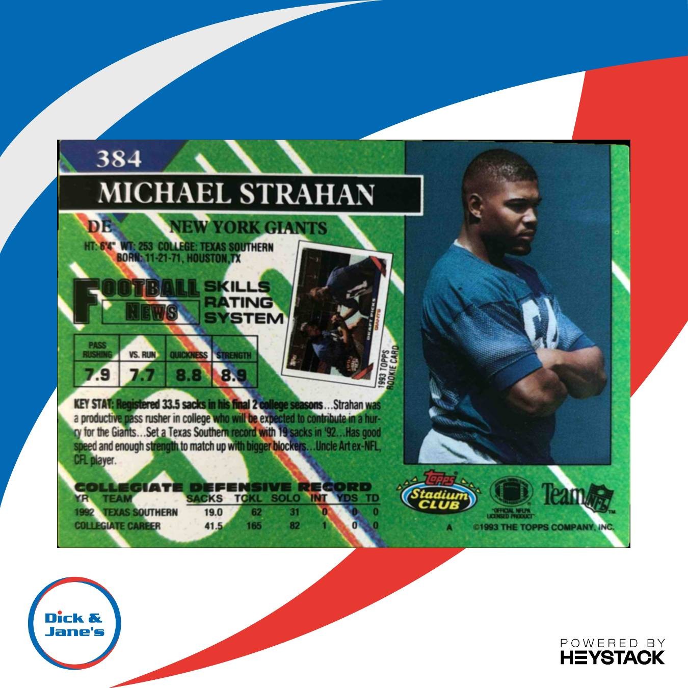 1993 Topps Stadium Club Michael Strahan #384b RC New York Giants - Sports Cards