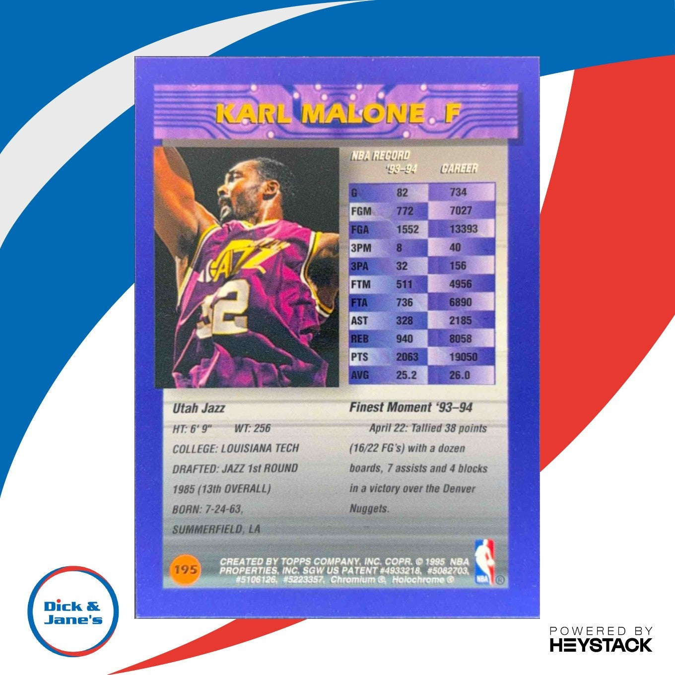 1994-95 Topps Finest Karl Malone Refractor #195 Utah Jazz - Sports Cards