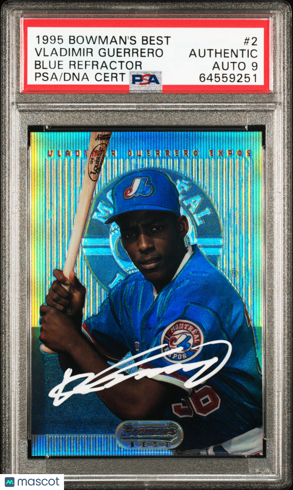 1995 Bowman’s Best Vladimir Guerrero Blue Refractor PSA Authentic Auto 9 On Card - Graded Sports Cards