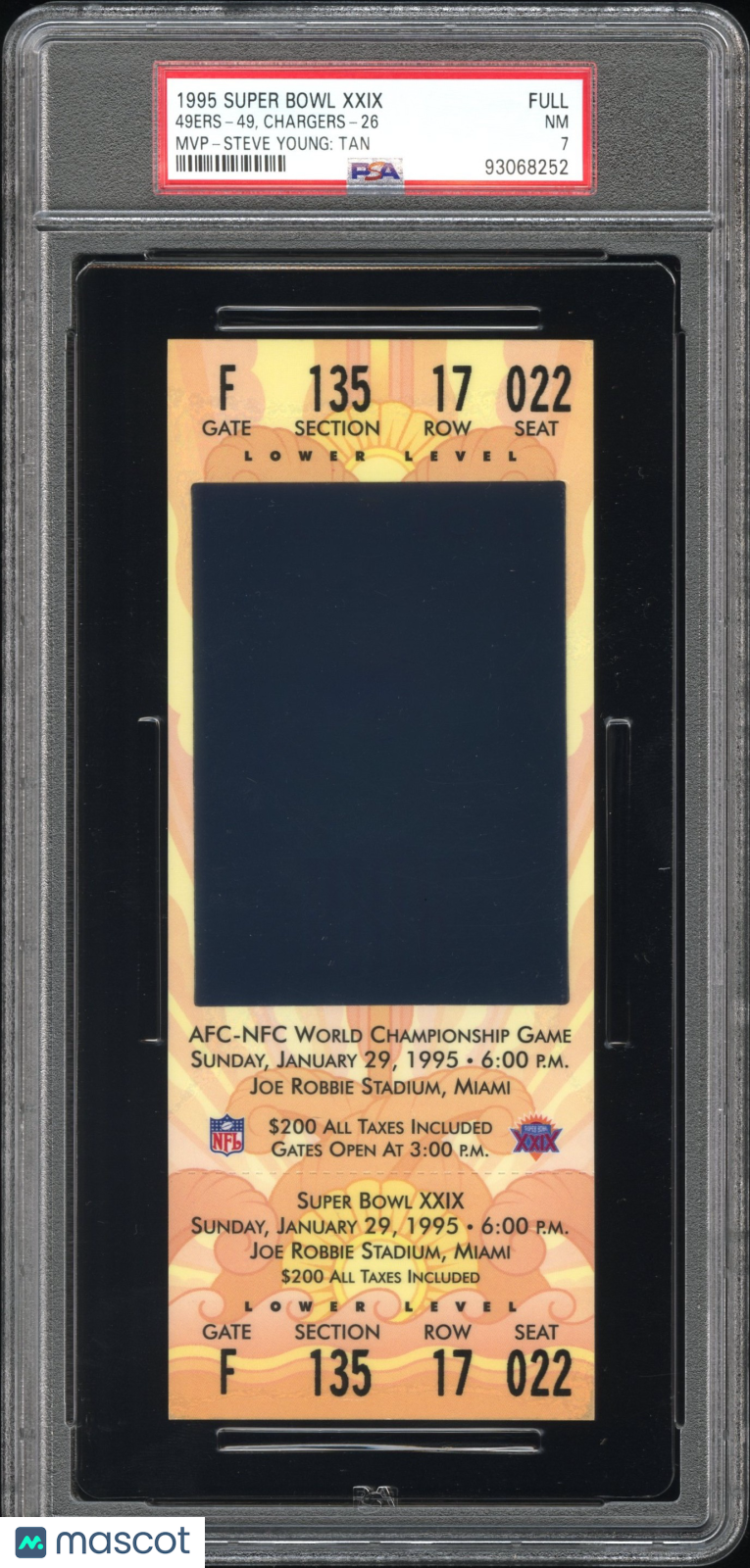 1995 Super Bowl XXIX-Full Steve Young: Tan MVP PSA 7 Full Ticket Stub - Graded Ticket Stubs