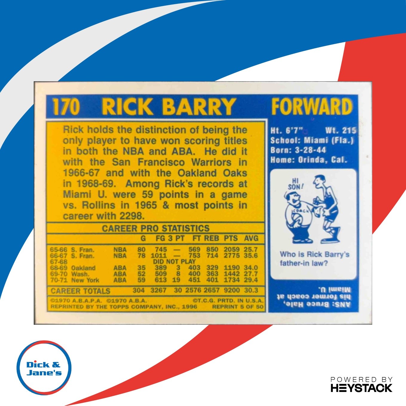 1996-97 Topps Stars Rick Barry Reprint Auto 971-72 Topps 170 Clean Signature - Sports Cards