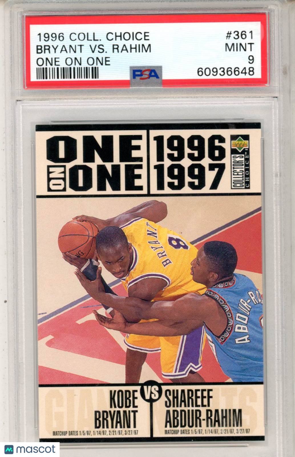 1996 Collector’s Choice Shareef Abdur-Rahim Kobe Bryant One On One #361 PSA 9 - Graded Sports Cards