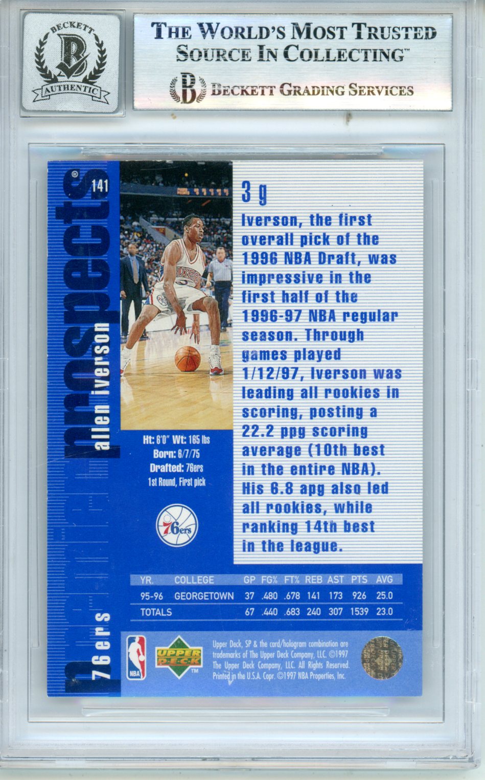 1996 SP Allen Iverson Rookie #141 BGS Authentic Auto Premier Prospects - Graded Sports Cards