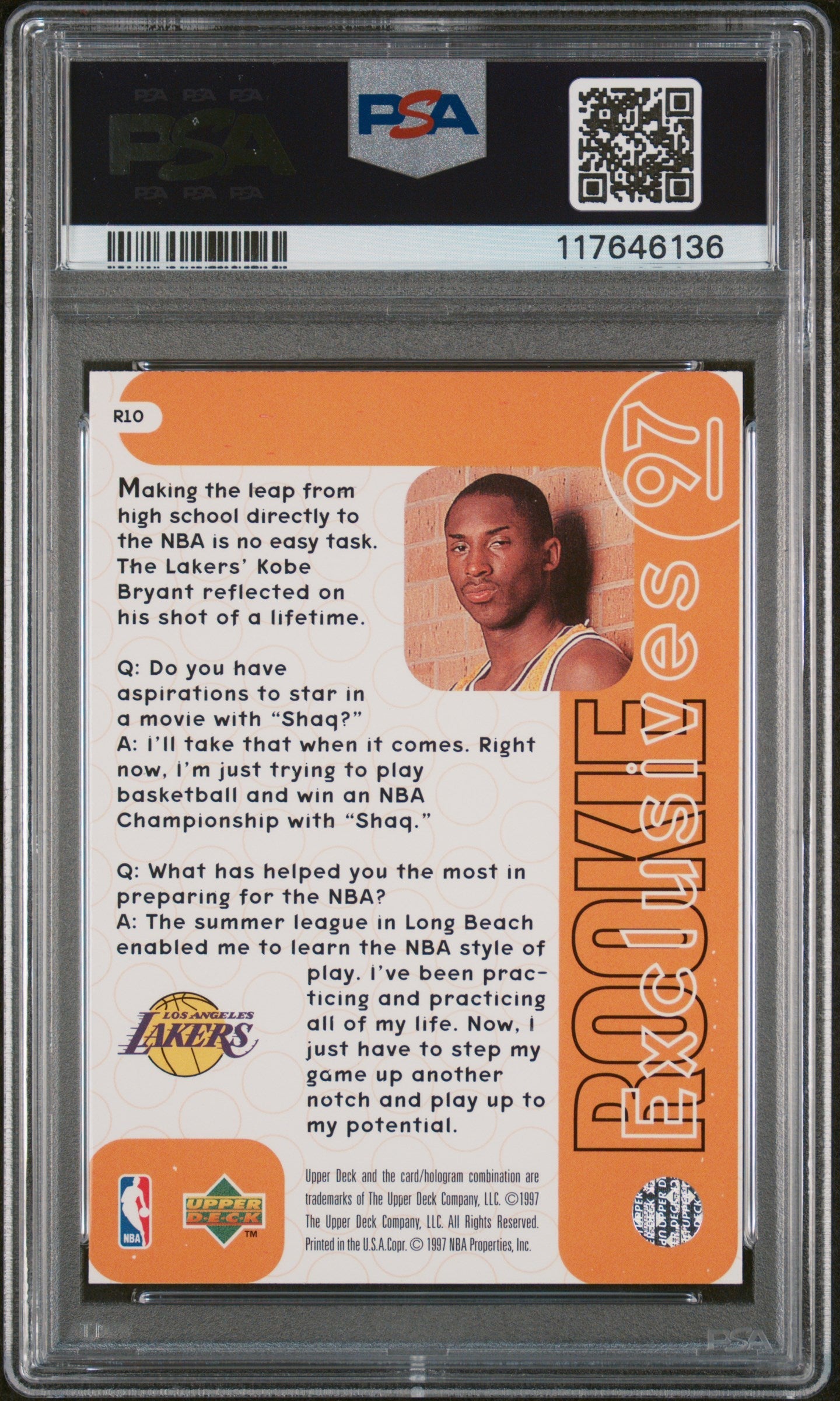 1996 Upper Deck Rookie Exclusives Kobe Bryant #R10 PSA 10 GEM Los Angeles Lakers - Graded Sports Cards