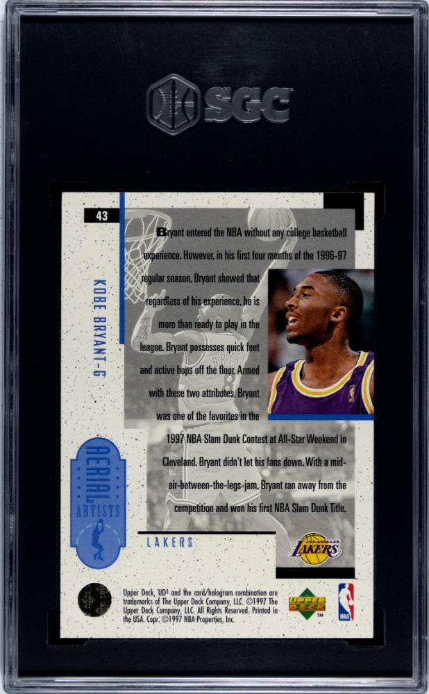 1996 Upper Deck UD3 Kobe Bryant Aerial Artists #43 SGC 9 Los Angeles Lakers - Graded Sports Cards