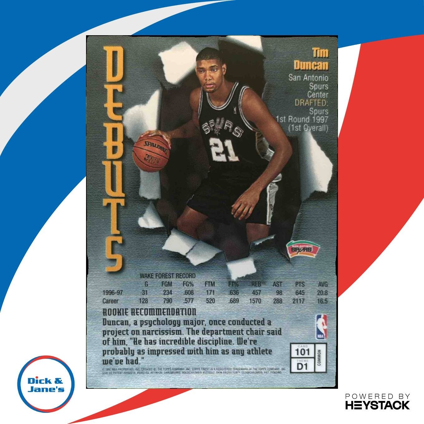1997-98 Topps Finest Tim Duncan #101 RC San Antonio Spurs - Sports Cards