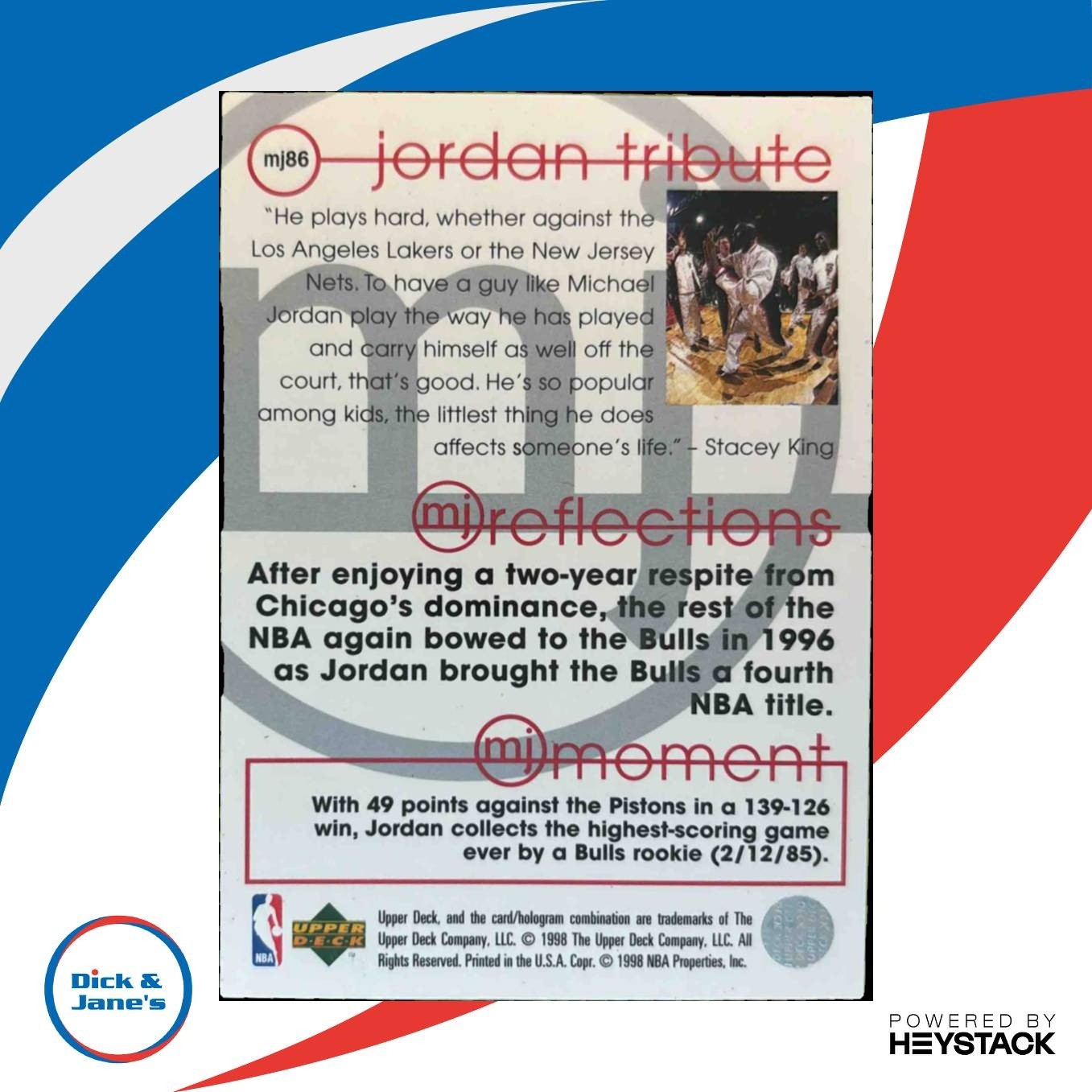 1997-98 Upper Deck Michael Jordan Tribute #MJ86 Chicago Bulls - Sports Cards