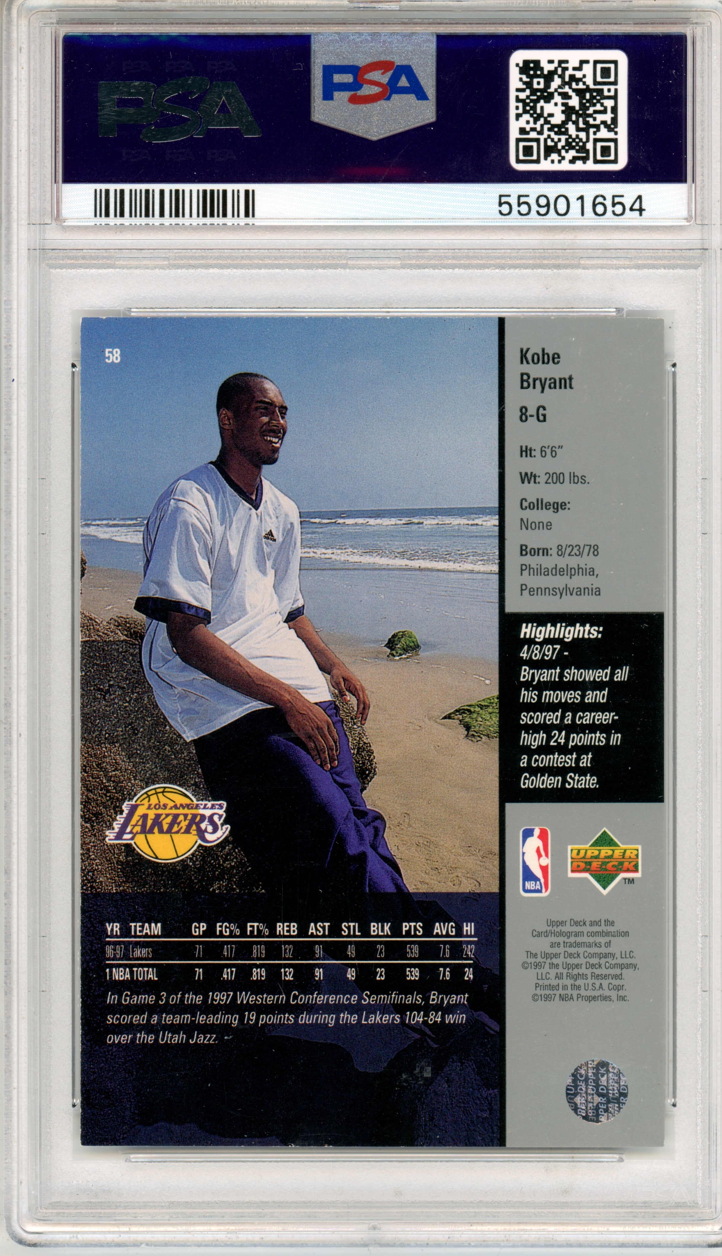 1997 Upper Deck Kobe Bryant #58 PSA 8 Los Angeles Lakers - Graded Sports Cards