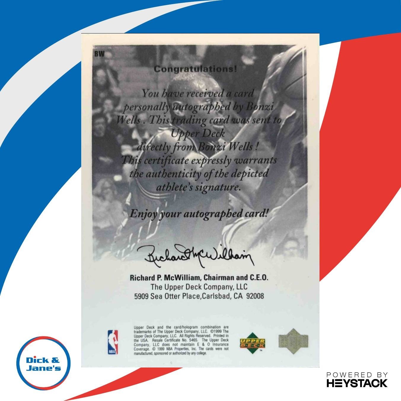 1998-99 Upper Deck Black Diamond Bonzi Wells UD Authentics RC Auto Trail Blazers - Sports Cards