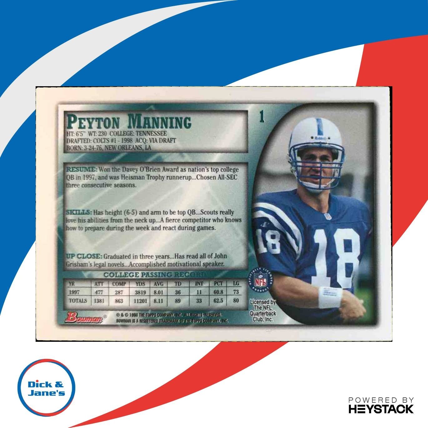 1998 Bowman Peyton Manning #1 RC Indianapolis Colts - Sports Cards