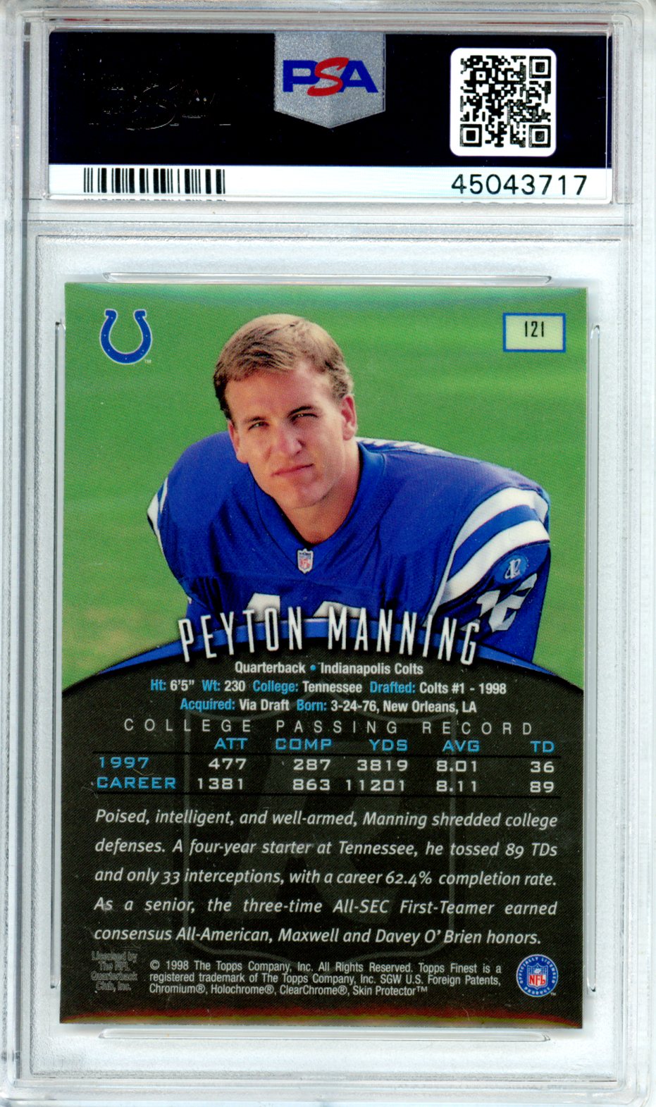 1998 Finest Peyton Manning Rookie #121 PSA 10 GEM Indianapolis Colts - Graded Sports Cards