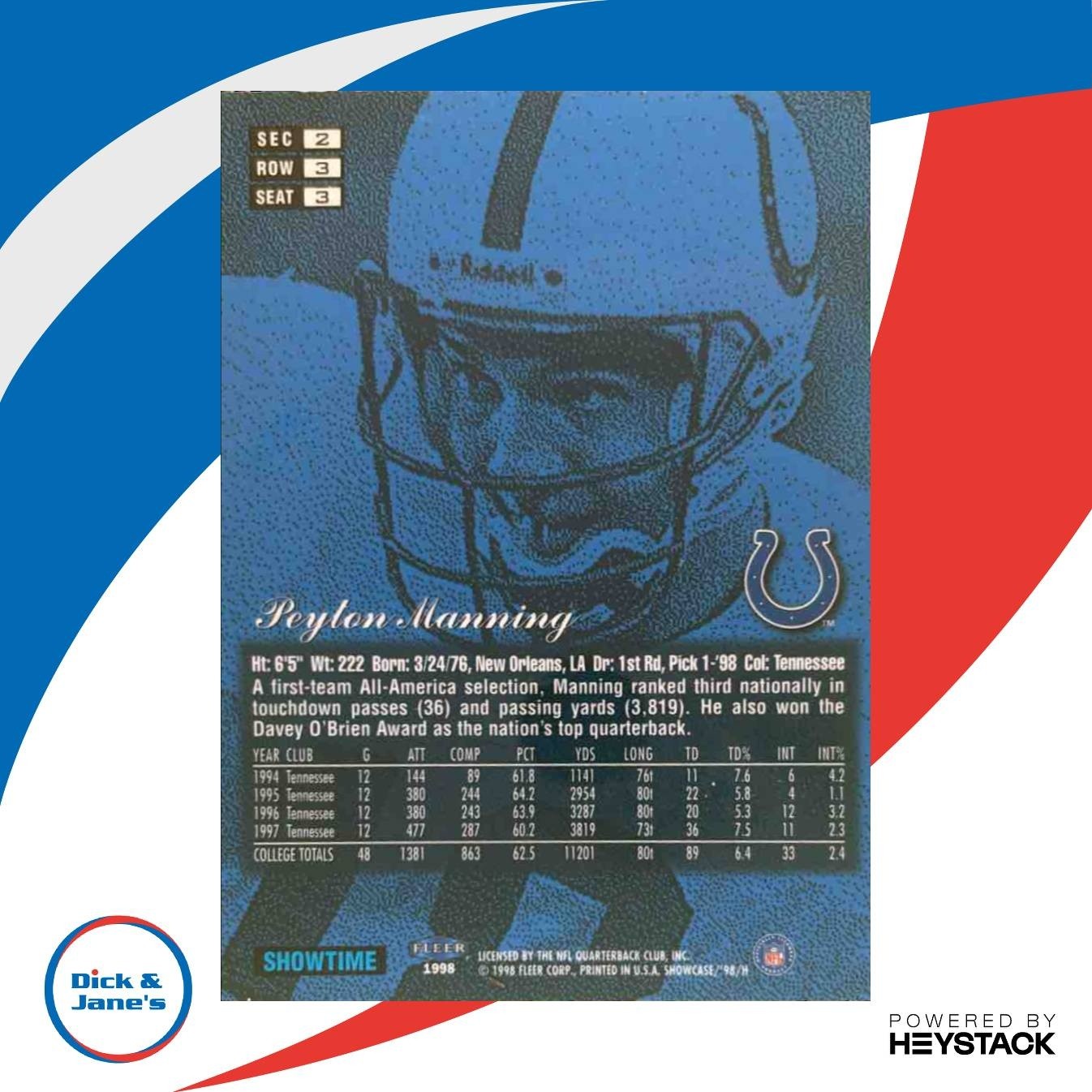 1998 Fleer Flair Showcase Peyton Manning Row 3 #3 RC Indianapolis Colts - Sports Cards