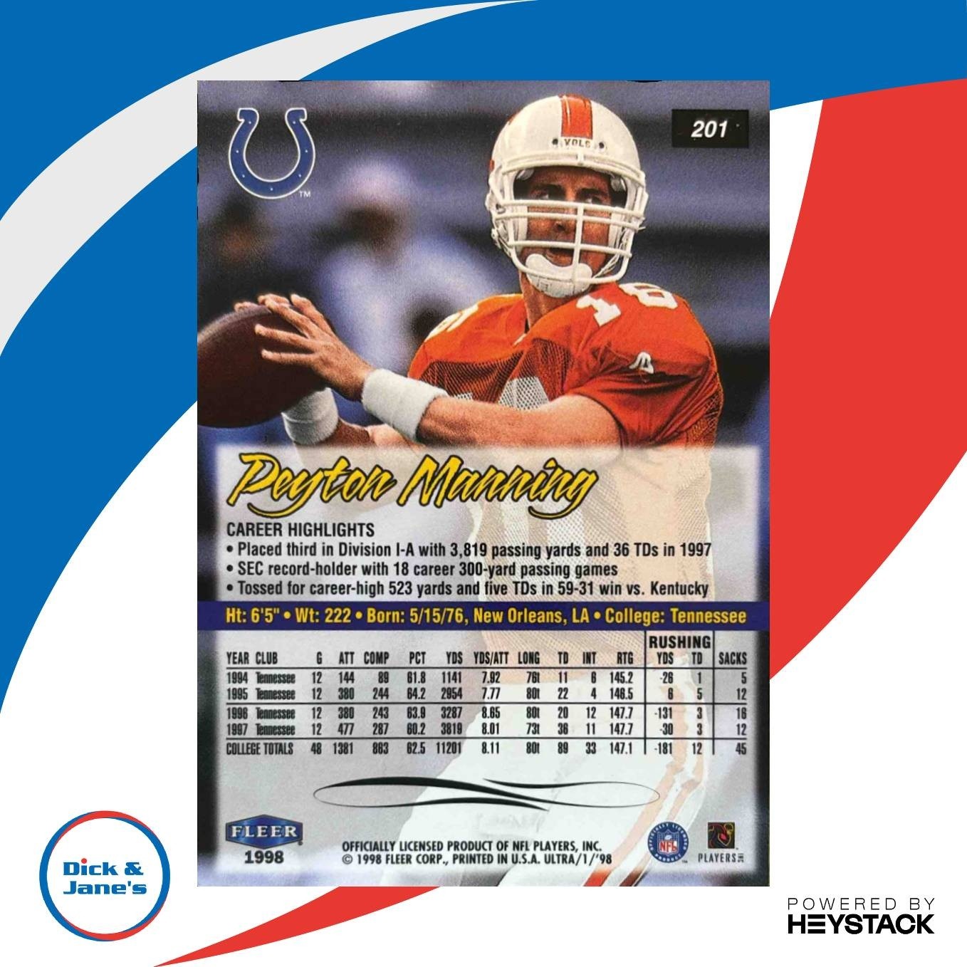 1998 Fleer Ultra Peyton Manning #201 RC Indianapolis Colts - Sports Cards