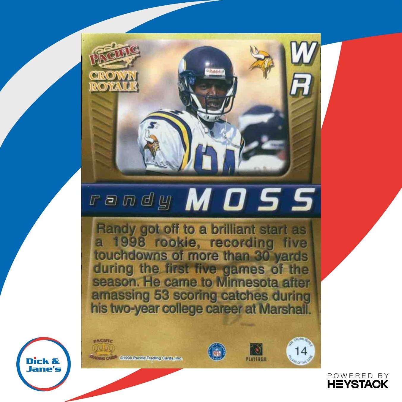 1998 Pacific Crown Royale Randy Moss Pillars of the Game #14 RC Vikings - Sports Cards