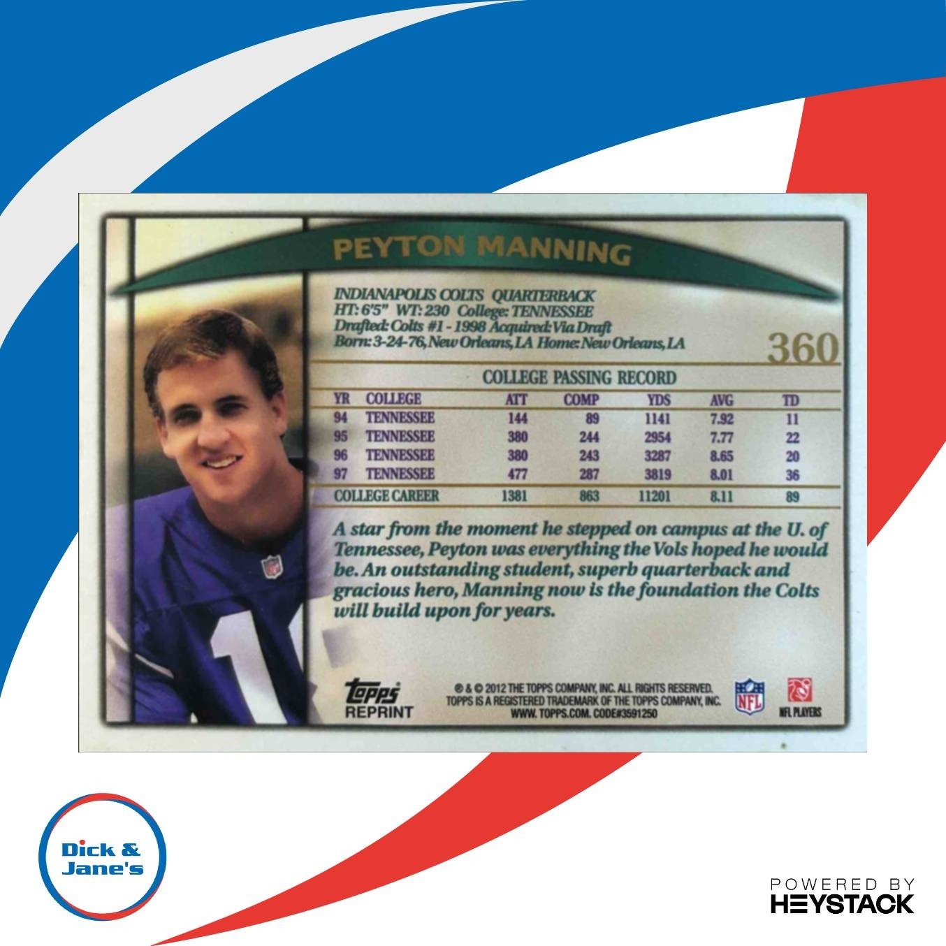 1998 Topps Peyton Manning #360 RC Indianapolis Colts - Sports Cards