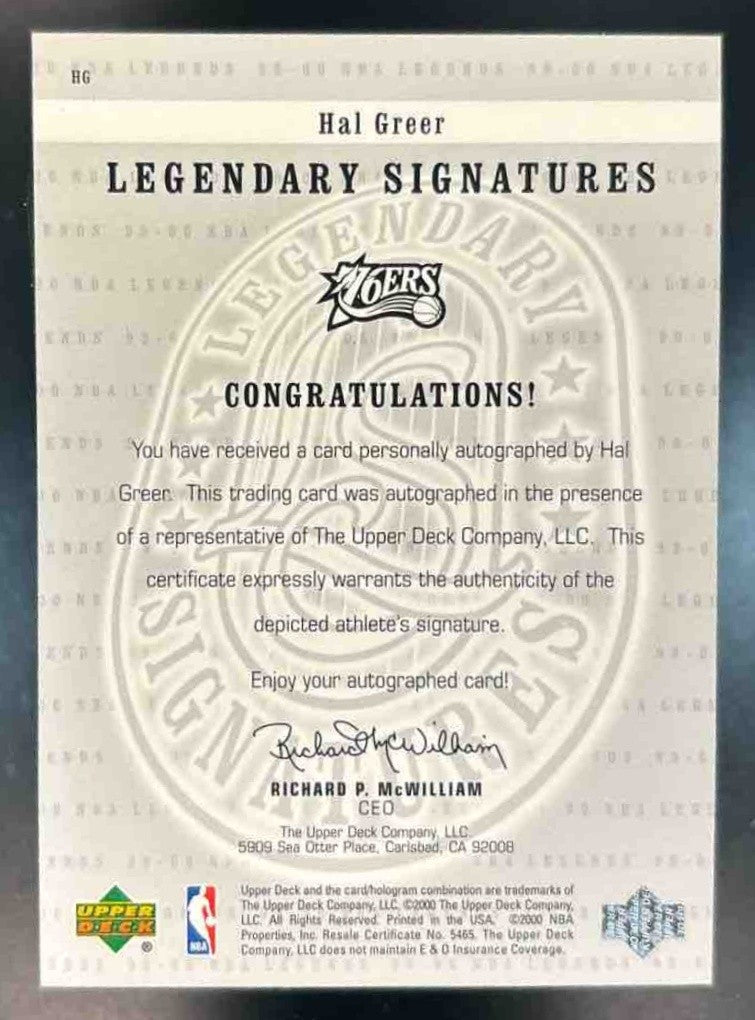 1999-00 Upper Deck Legends Hal Greer Legendary Signatures Auto 76ers - Sports Cards