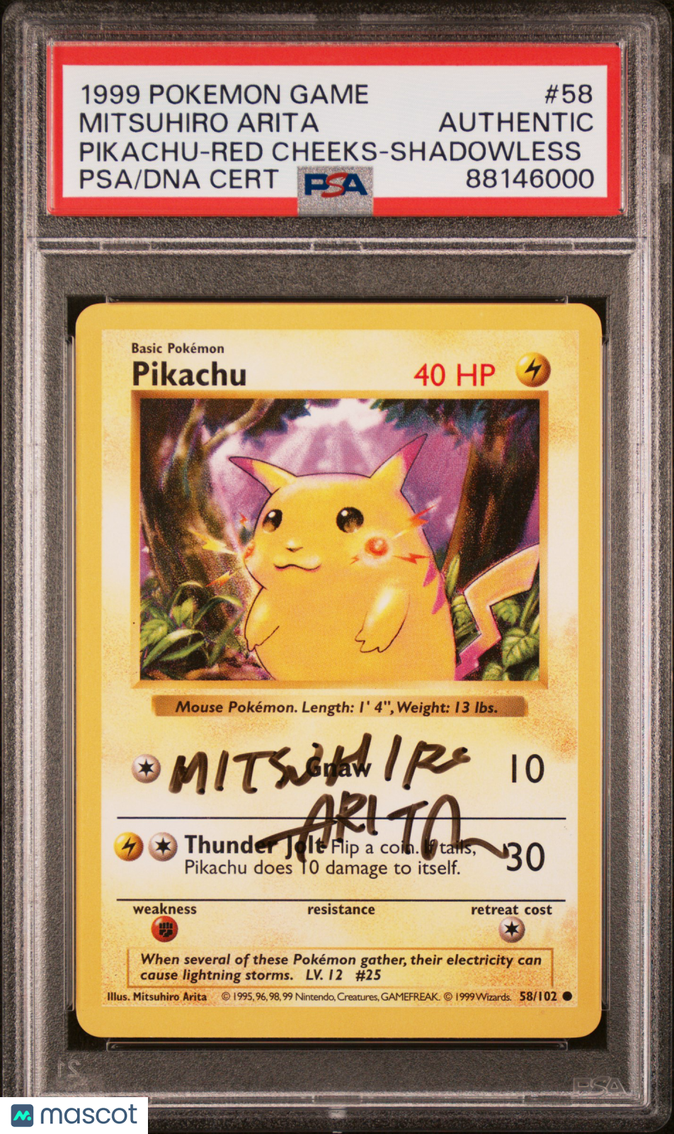 1999 Base Set Shadowless Pikachu Red Cheeks Mitsuhiro Arita Signed & Authentic - Graded TCG/CCG