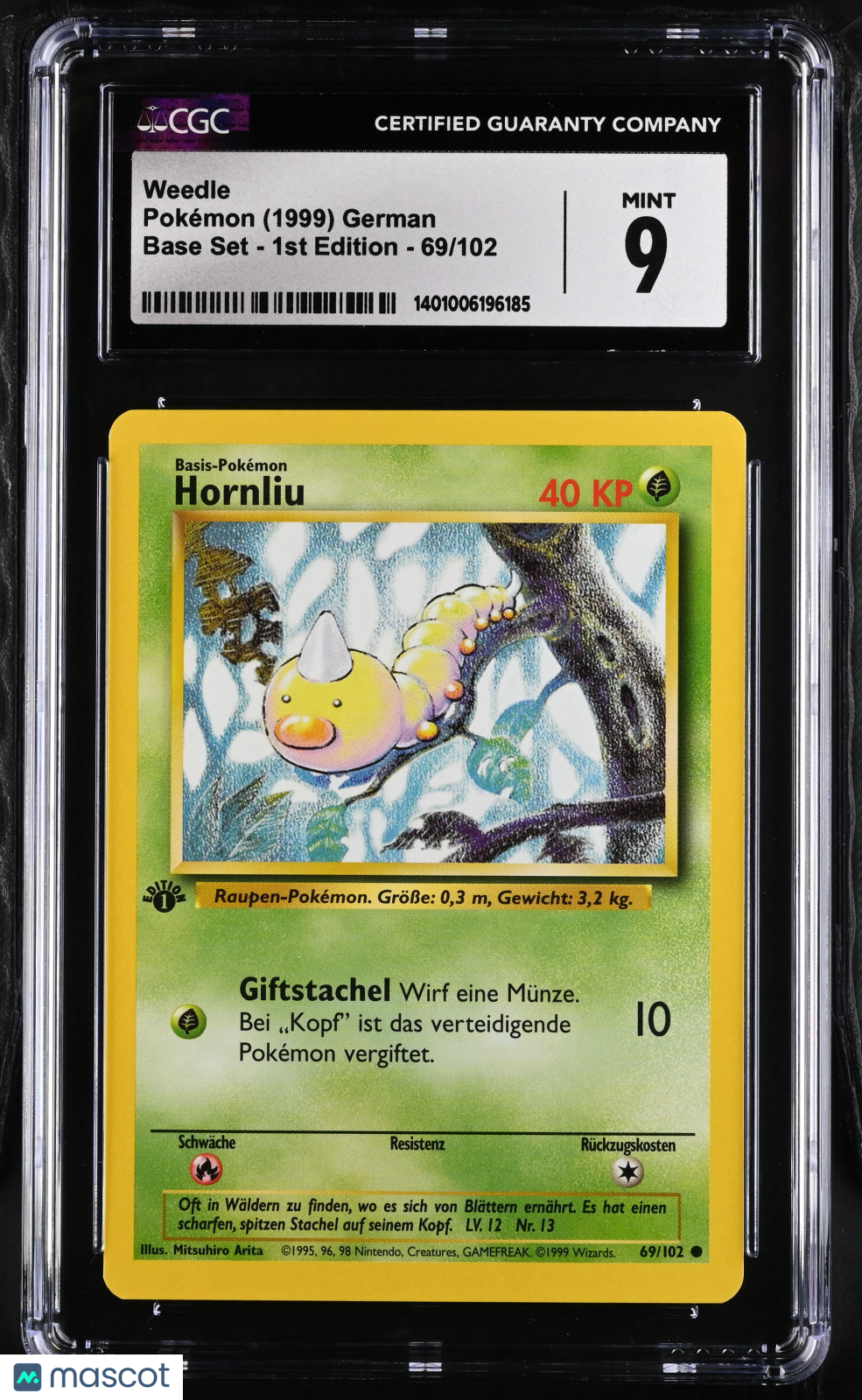 1999 Pokemon Base Set - 1ST Edition Weedle #69/102 German 1st Edition CGC 9 MINT - Graded TCG/CCG