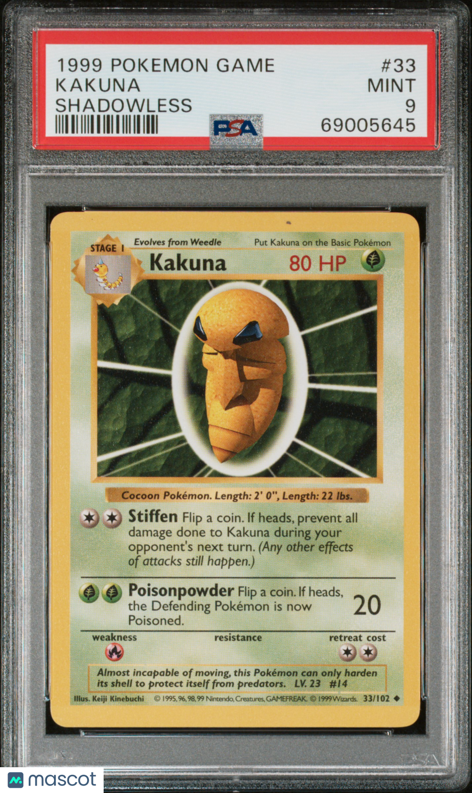 1999 Pokemon Game Kakuna #33 Shadowless PSA 9 - Graded TCG/CCG