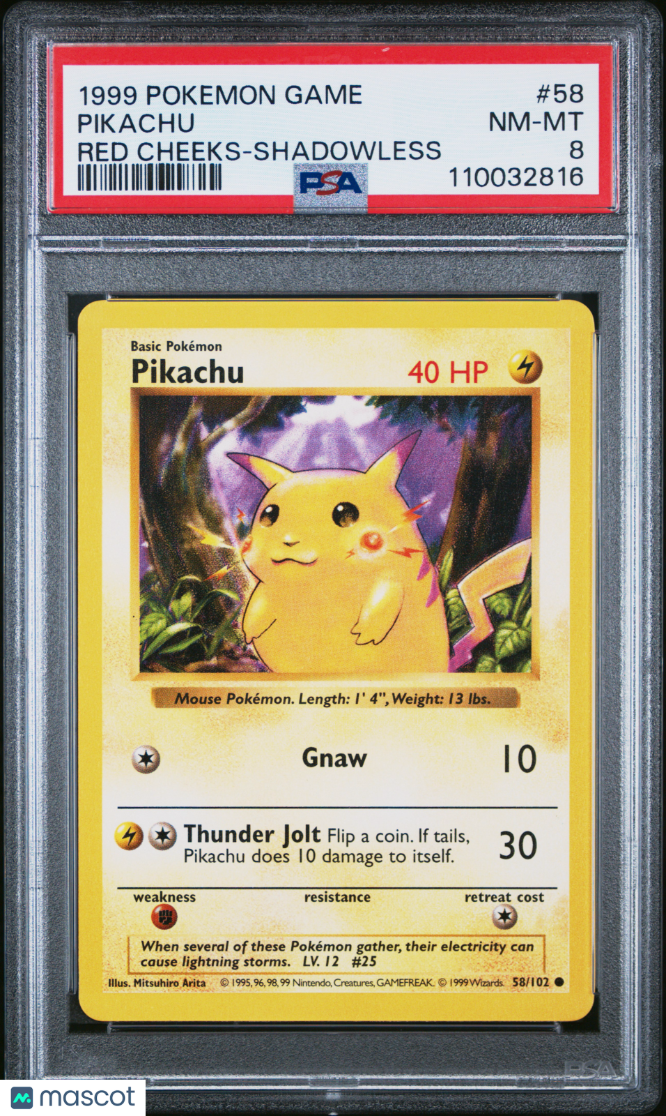 1999 Pokemon Game Pikachu #58 Red Cheeks-Shadowless PSA 8 - Graded TCG/CCG