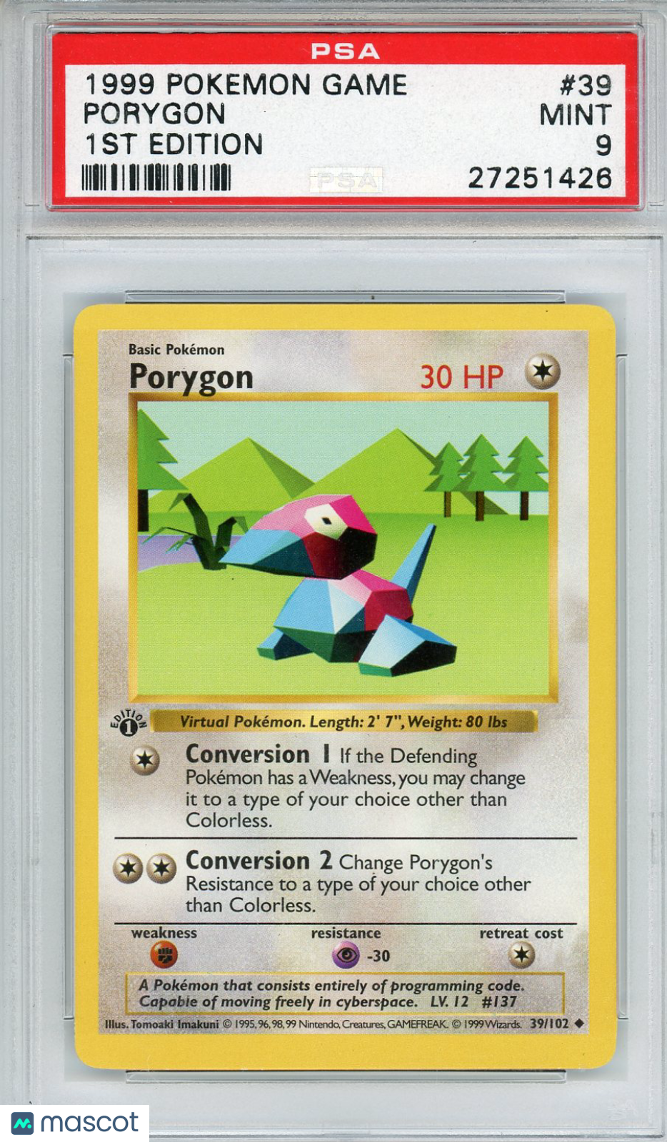 1999 Pokemon Game Porygon #39 1ST Edition PSA 9 - Graded TCG/CCG