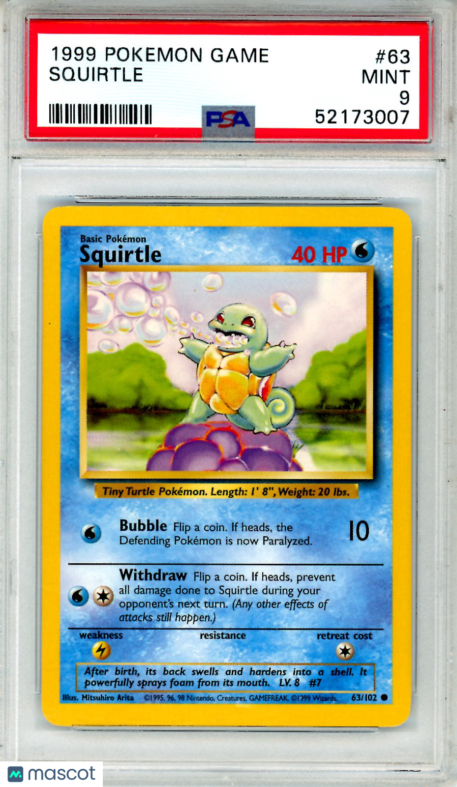 1999 Pokemon Game Squirtle #63 PSA 9 MINT - Graded TCG/CCG