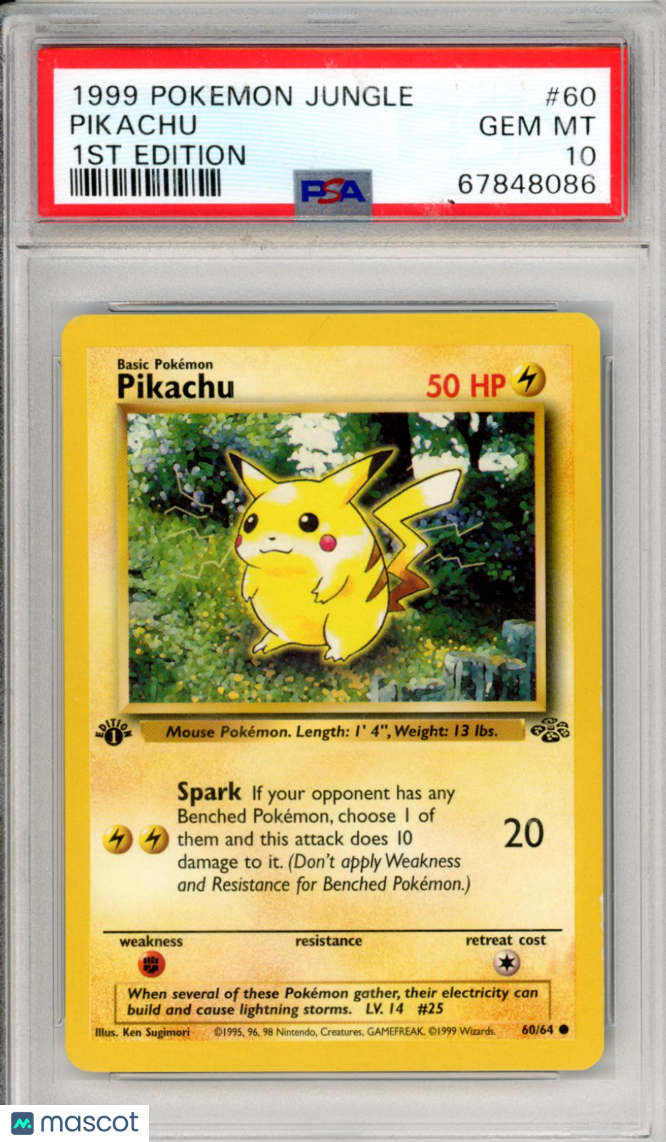 1999 Pokemon Jungle Pikachu #60 1ST Edition PSA 10 Graded TCG/CCG