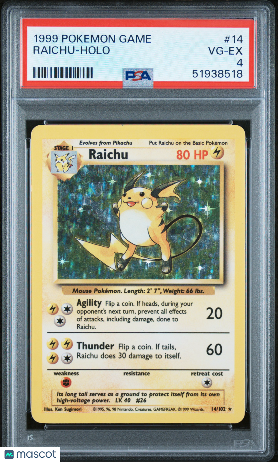 1999 Pokemon Raichu #14 Holo PSA 4 - Graded TCG/CCG