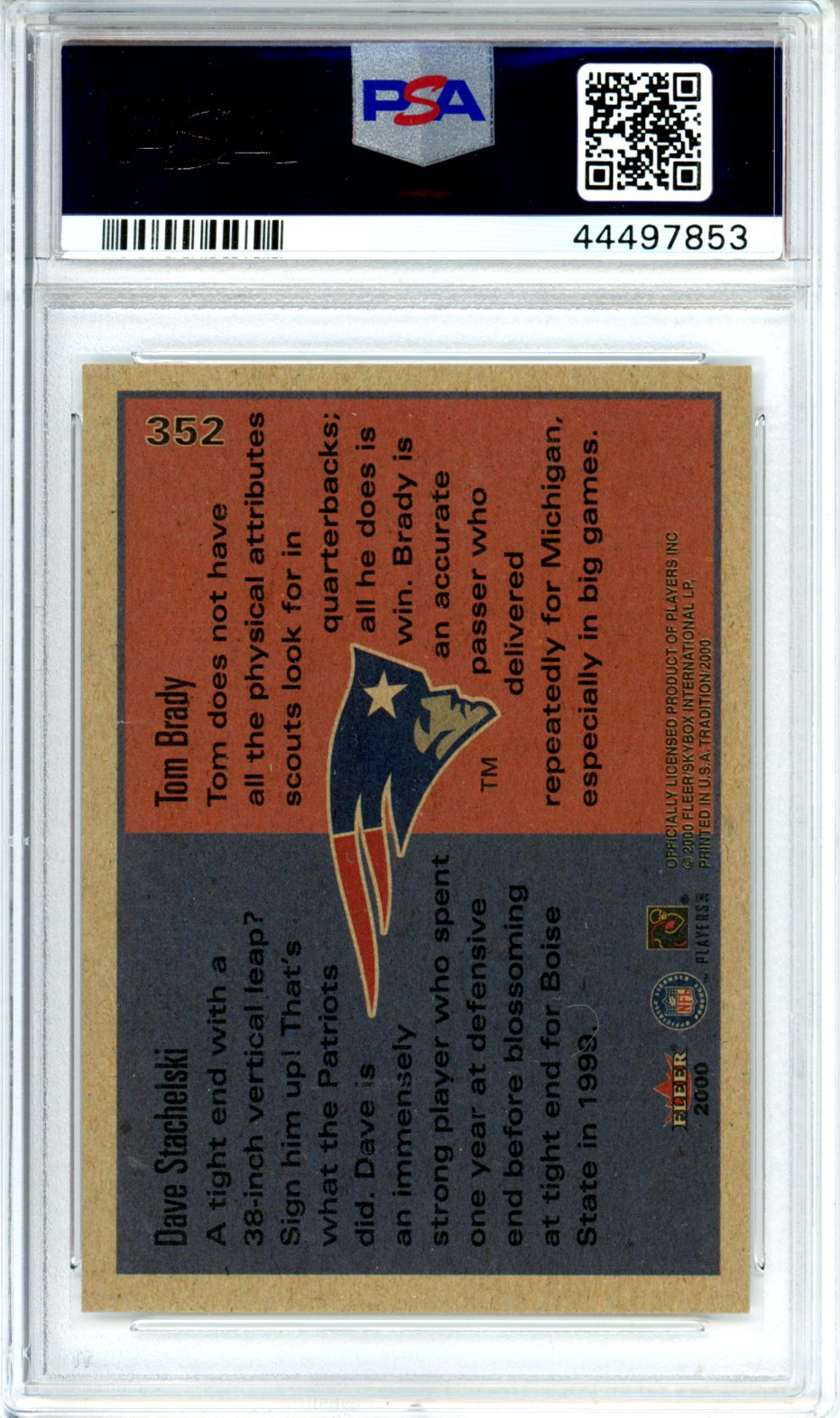 2000 Fleer Tom Brady Dave Stachelski SP Rookie #352 PSA 10 New England Patriots - Graded Sports Cards