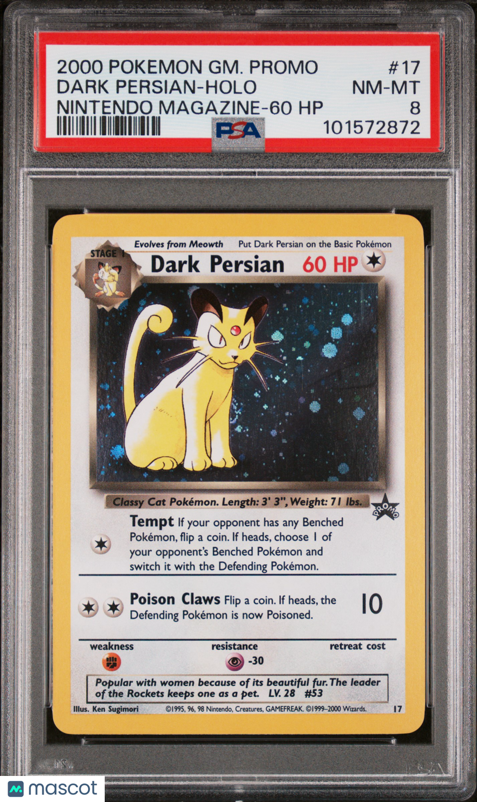2000 Pokemon Game Promo Dark Persian #17 Nintendo Magazine 60 HP PSA 8 - Graded TCG/CCG