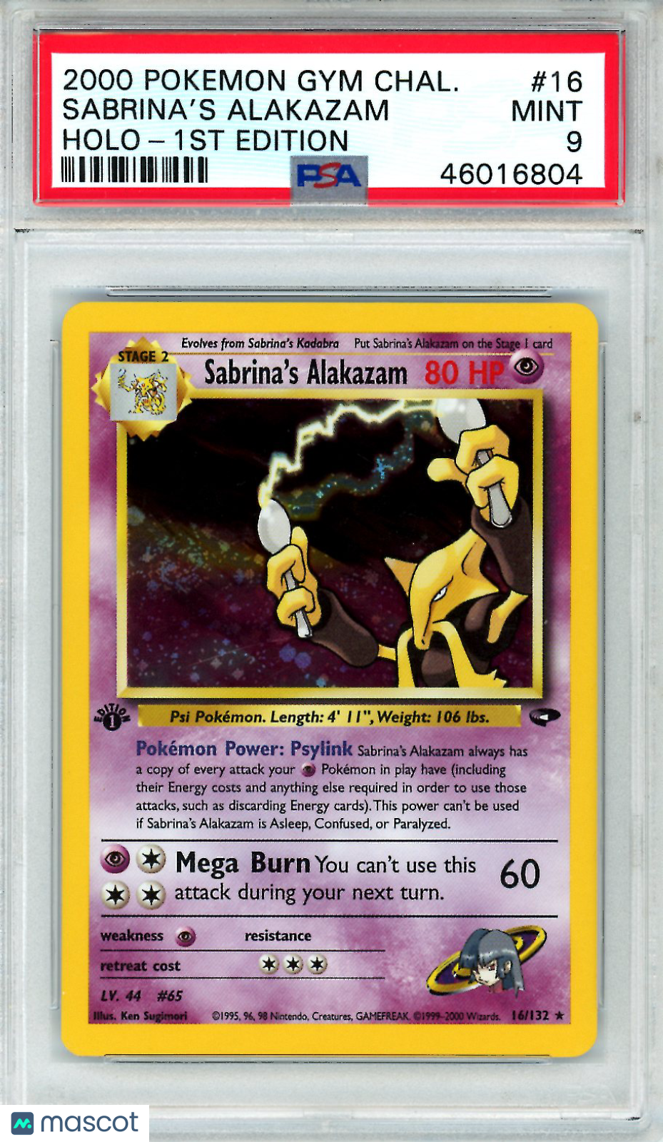 2000 Pokemon Gym Challenge Sabrina’s Alakazam #16 Holo-1st Edition PSA 9 MINT - Graded TCG/CCG