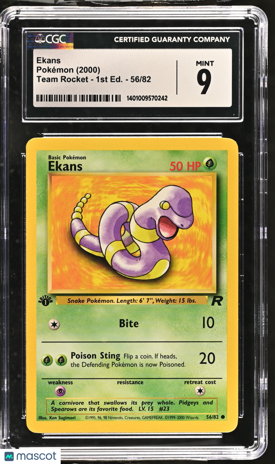 2000 Pokemon Team Rocket Ekans #56/82 1st Edition CGC 9 MINT - Graded TCG/CCG